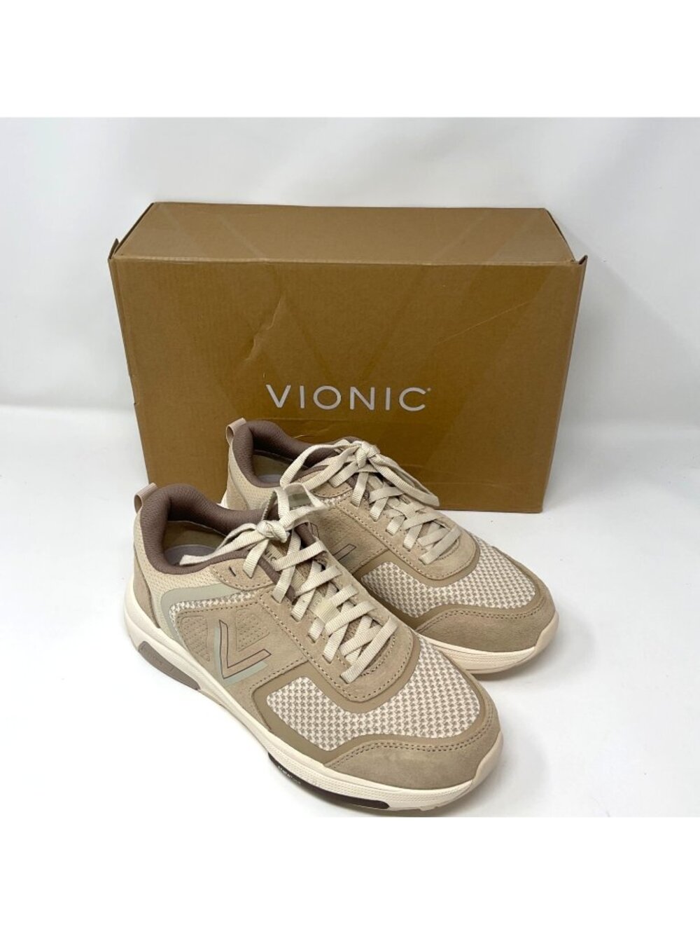 Vionic Walk Strider Knit Women's Lucid Beige Leather Knit Sneakers 7.5 Wide